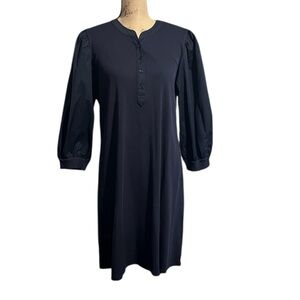 Chico’s Classic Navy Blue Ribbed Body Bow Sleeve Henley Dress Brand New